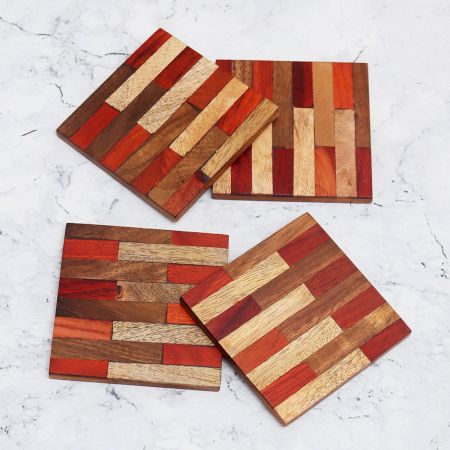 Red and Brown Wooden Coasters - Pack of 4
